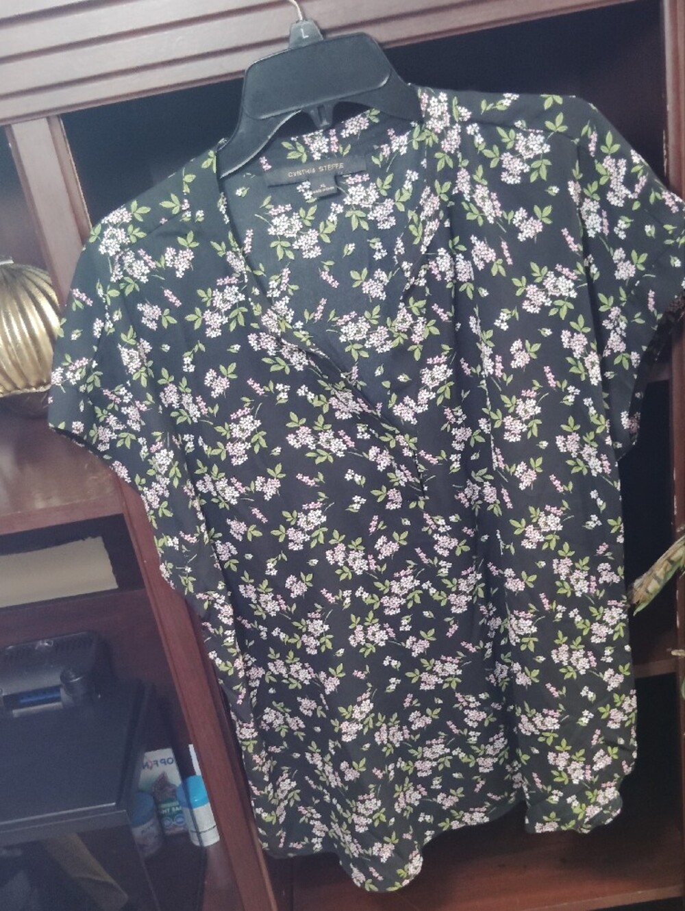 Cynthia Steffe Black V-Neck Floral Top with Pink Blossoms and Green Leaves - Picture 2 of 8